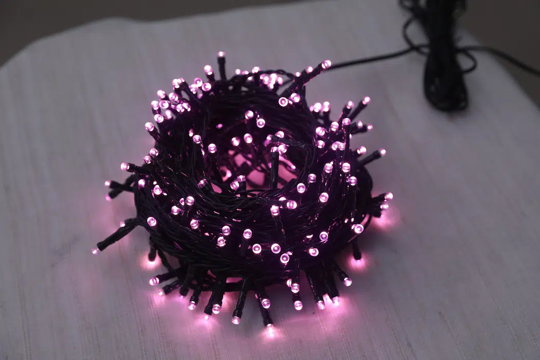 V5 string lights, dark green line, watercolor style